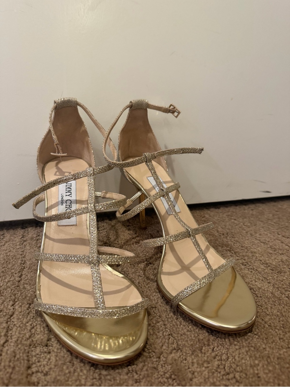 Jimmy Choo Glittered Gold Strappy Stiletto Sandals